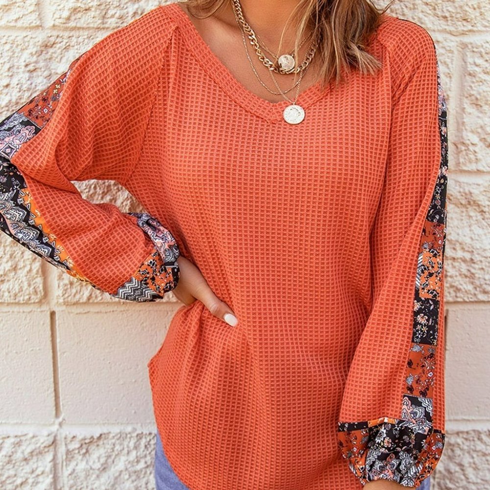 Orange V Neck Thermal Long Sleeve Shirt